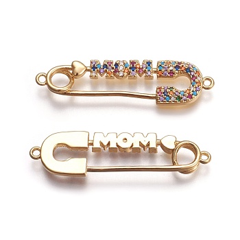 Mother's Day Theme, Brass Micro Pave Cubic Zirconia Links, Safety Pin Shape with Word MOM, Colorful, Golden, 10x38.5x2.5mm, Hole: 1.5mm