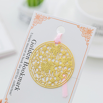 Metal Sakura Bookmarks with Pink Ribbon, Golden Brass Hollow Bookmark Gift for Book Lovers, Teachers, Reader, Round Pattern, 110x60mm