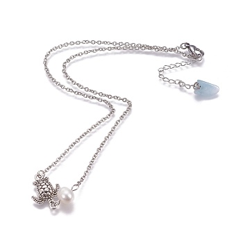 Stainless Steel Pendant Necklaces, with Pearl, Natural Aquamarine, Alloy Links and Brass Ball Head Pins, Sea Turtle, Stainless Steel Color, 16.14 inch(41cm)
