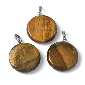 Natural Tiger Eye Pendants, Disc Charms with Platinum Tone Brass Findings, 29x25x6mm, Hole: 7x4mm