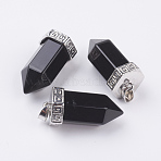 Natural Dyed & Heated Black Agate Pointed Pendants, with Brass Finding, Bullet, Platinum, 39x18mm, Hole: 4.5x5.5mm(G-E442-03P)
