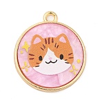 Alloy Pendants, with Acrylic, Cadmium Free & Nickel Free & Lead Free, Flat Round, Cat Shape, 23x20x2mm, Hole: 1.8mm(FIND-C037-15G-04)