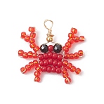 Copper Wire Wrapped Faceted Natural Black Spinel and Glass Seed Beaded Sea Animals Pendants, Crab Charms, Red, Golden, 20.5x21.5x3mm, Hole: 2.5mm(PALLOY-MZ01087)