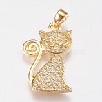 Brass Micro Pave Cubic Zirconia Kitten Pendants, Cadmium Free & Lead Free, Cartoon Cat Shape, Golden, 20.5x13x2mm, Hole: 2.5x4mm(ZIRC-E145-28G)