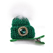 Christmas Party Hair Accessories, Knitted Hat Cloth Rhinestone Alligator Hair Clip, with Iron Clip, Green, 48.6x50x14.7mm(AJEW-S088-09F)