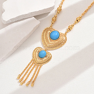 Fashionable Vintage Brass & Resin Imitation Gemstone Tassel Heart Pendant Necklaces for Women, Deep Sky Blue, Real 18K Gold Plated, 20.67 inch(52.5cm)(FQ7725-5)