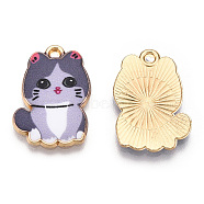 Printed Alloy Pendants, Light Glod, Cat Charms, Slate Gray, 21x14.5x1.5mm, Hole: 1.4mm(ENAM-N056-198B)