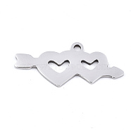 Valentine's Day 201 Stainless Steel Charms, Laser Cut, An Arrow Through A Heart, Stainless Steel Color, 10x23.5x0.9mm, Hole: 1.5mm(STAS-S081-091)