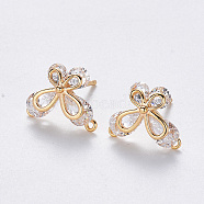 Brass Cubic Zirconia Stud Earring Findings, with Loop, Nickel Free, Butterfly, Clear, Real 18K Gold Plated, 9.5x12mm, Hole: 0.8mm, Pin: 0.8mm(X-KK-T049-08G-NF)
