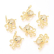Brass Micro Pave Clear & Black Cubic Zirconia Pendants, Octopus Shape, Real 18K Gold Plated, 25x15x3.9mm, hole:2x3mm(ZIRC-O036-25G)