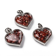 Glass Bottle Pendants, with Natural Red Jasper Chips and Platinum Plated Alloy Findings, Heart, 40x32.5x11mm, Hole: 8x5mm(G-Z010-02C)