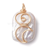 Copper Wire Wrapped Natural Baroque Keshi Pearl Pendants, Rectangle Charms with Moon, Light Gold, 24x14x7mm, Hole: 2mm(PALLOY-JF02799)