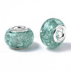 Resin European Beads, with Silver Color Plated Brass Single Core, Rondelle, Teal, 14x9mm, Hole: 5mm(RPDL-K002-B01)