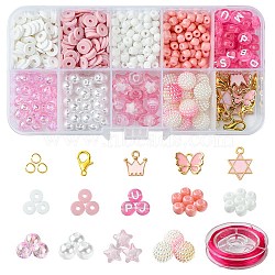 DIY Round Acrylic & Glass Beads Bracelets Jewelry Kits, with Alloy Enamel Charms, Pink, 16.5x12x2mm, Hole: 1.3mm(DIY-FS0006-29A)