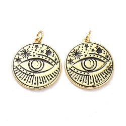 Brass Enamel Pendants, with Jump Ring, Long-Lasting Plated, Flat Round with Evil Eye, Black, Real 18K Gold Plated, 22.5x20x3mm, Jump Ring: 5x1mm, 3mm Inner Diameter(KK-L188-33G)