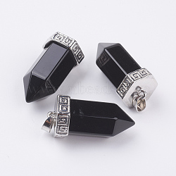 Natural Dyed & Heated Black Agate Pointed Pendants, with Brass Finding, Bullet, Platinum, 39x18mm, Hole: 4.5x5.5mm(G-E442-03P)