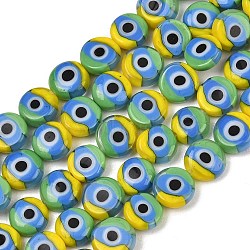 Handmade Evil Eye Lampwork Beads, Flat Round, Light Sky Blue, 8x3mm, Hole: 0.8mm, about 48pcs/strand, 14.57 inch(37cm)(LAMP-C028-01-02)
