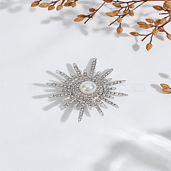 1Pc Sunflower Alloy Rhinestone Brooches for Backpack Clothes, with Plastic Pearl, Platinum, 55x47mm(JEWB-LP0004-77)