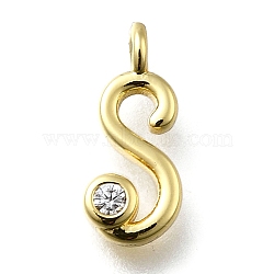 Brass Micro Pave Cubic Zirconia Pendants, Letter Charms, Rack Plating, Long-Lasting Plated, Cadmium Free & Lead Free, Letter S, 12.5x5.5x2mm, Hole: 1.6mm(KK-B132-12G-S)