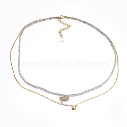 Faceted Natural Labradorite Tiered Necklaces, Layered Necklaces, with Brass Charms, Bowknot & Star, 15.7~16.3 inch(40~41.5cm)(NJEW-F212-13G)