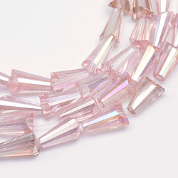 AB-Color Plated Transparent Glass Bead Strands, Cone, Pearl Pink, 8x4mm, Hole: 1mm, about 72pcs/strand, 22 inch(X-GLAA-R170-4x8-04B)