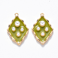 Brass Enamel Pendants, with ABS Plastic Imitation Pearl, Nickel Free, Rhombus, Real 18K Gold Plated, Yellow Green, 20x12.5x4mm, Hole: 1mm(KK-T049-055G-04-NF)