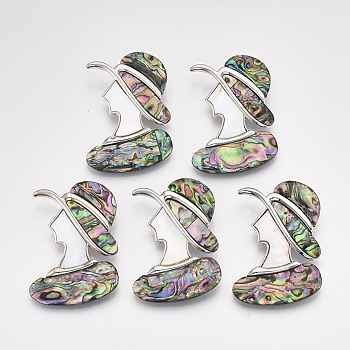 Mixed Shell Brooches/Pendants, with Alloy Findings and Resin Bottom, Woman, Platinum, Colorful, 53x39x10.5mm, Hole: 6x5mm, Pin: 0.6mm
