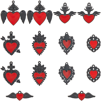 14Pcs 7 Styles Rack Plating Alloy Enamel Pendants, Cadmium Free & Nickel Free & Lead Free, Heart, Black, 11.5~38.5x22.5~37.5x2~3.5mm, Hole: 1.5~2mm, 2pcs/set