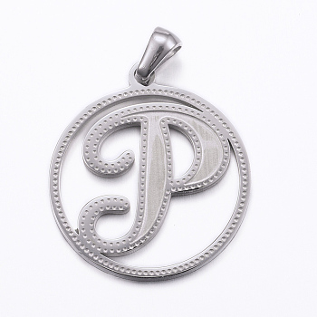 304 Stainless Steel Pendants, Flat Round with Letter, Stainless Steel Color, Letter.P, 28x25x1.2mm, Hole: 6x3.5mm