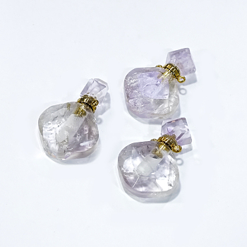 Rhombus Natural Amethyst Perfume Bottle Pendants, with 304 Stainless Steel Findings, Faceted, Golden, 26~27x17~17.5x8~8.5mm, Hole: 1.4mm, Capacity: about 2ml(0.06 fl. oz)