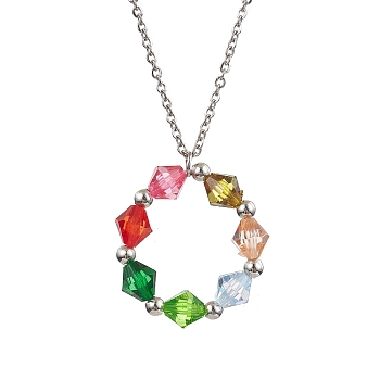 Colorful Acrylic Beaded Ring Pendant Necklaces, with 304 Stainless Steel Cable Chains, Stainless Steel Color, 17.44 inch(44.3cm)