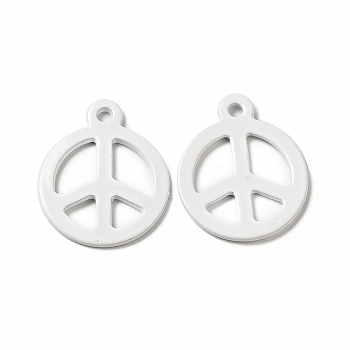 Spray Painted 201 Stainless Steel Pendants, Flat Round with Peace Sign Charm, White, 15x12.5x1mm, Hole: 1.4mm