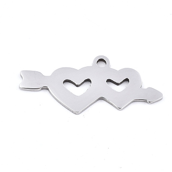 Valentine's Day 201 Stainless Steel Charms, Laser Cut, An Arrow Through A Heart, Stainless Steel Color, 10x23.5x0.9mm, Hole: 1.5mm