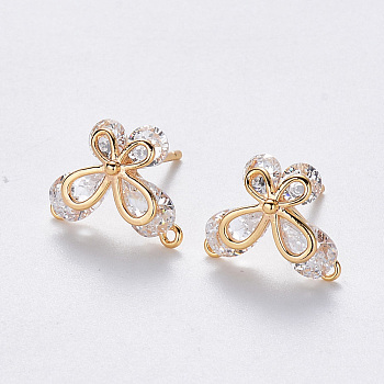 Brass Cubic Zirconia Stud Earring Findings, with Loop, Nickel Free, Butterfly, Clear, Real 18K Gold Plated, 9.5x12mm, Hole: 0.8mm, Pin: 0.8mm
