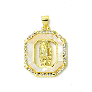 Real 18K Gold Plated Brass Micro Pave Cubic Zirconia Pendants, with Shell, Octagon, 25x20x2.5mm, Hole: 3.5x4.5mm