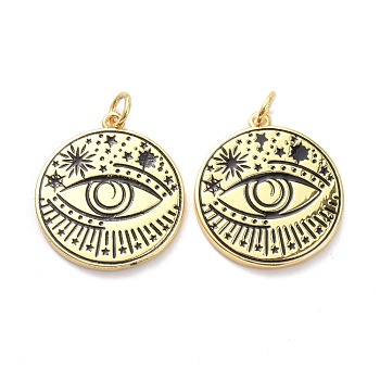 Brass Enamel Pendants, with Jump Ring, Long-Lasting Plated, Flat Round with Evil Eye, Black, Real 18K Gold Plated, 22.5x20x3mm, Jump Ring: 5x1mm, 3mm Inner Diameter