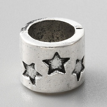 Alloy European Beads, Large Hole Beads, Column with Star, Antique Silver, 12.5x10.5mm, Hole: 8.5mm