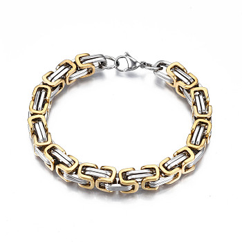 Ion Plating(IP) Two Tone 201 Stainless Steel Byzantine Chain Bracelet for Men Women, Real 18K Gold Plated, Gold, 8-1/2 inch(21.5cm)