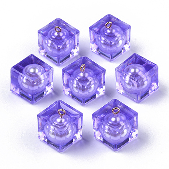 Transparent Epoxy Resin Pendants, with ABS Plastic Imitation Pearl Beads Inside and Golden Plated Iron Loop, Cube, Medium Slate Blue, 19x16x16mm, Hole: 2mm