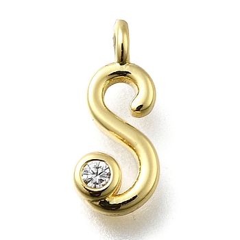 Brass Micro Pave Cubic Zirconia Pendants, Letter Charms, Rack Plating, Long-Lasting Plated, Cadmium Free & Lead Free, Letter S, 12.5x5.5x2mm, Hole: 1.6mm