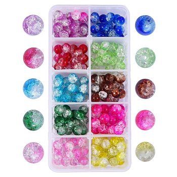 300Pcs 10 Colors Baking Painted Crackle Glass Bead Strands, Two Tone, Round, Mixed Color, 8mm, Hole: 1.3~1.6mm, 30pcs/color