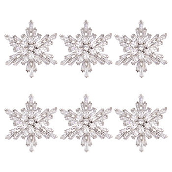 6Pcs 1-Hole Brass Micro Pave Clear Cubic Zirconia Shank Buttons, Snowflake, Platinum, 29x25x8.5mm, Hole: 1.6mm