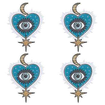 Computerized Embroidery Cloth Sew on Patches, Moon Star Sequin Appliques, Costume Accessories, Heart with Evil Eye, Dark Turquoise, 285x215x1.5mm