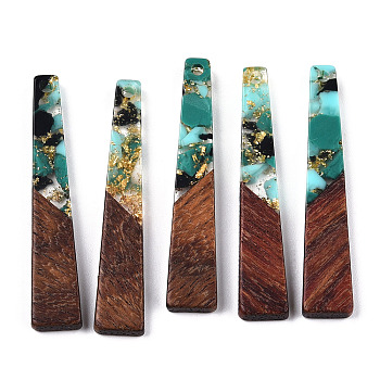 Transparent Resin & Walnut Wood Pendants, with Gold Foil, Trapezoid Charms, Turquoise, 44.5x8x3mm, Hole: 2mm