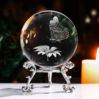 Inner Carving Butterfly & Flwoer Glass Crystal Ball Diaplay Decoration, Fengshui Home Decor, Clear, 60mm