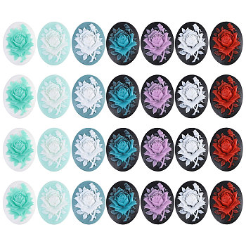 28Pcs 7 Colors Resin Cabochons, Oval with Flower, Mixed Color, 38.5x29x7.5mm, 4pcs/color