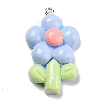 Opaque Resin Pendants, Flower Charms, with Platinum Tone Iron Loops, Cornflower Blue, 37x22.5x8.5mm, Hole: 1.5mm