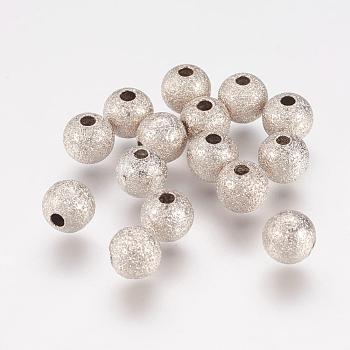 Brass Textured Beads, Round, Platinum Color, Size: about 6mm in diameter, Hole: 1mm