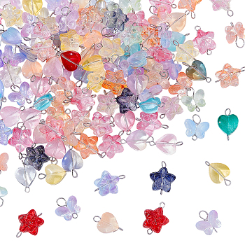 120Pcs 3 Styles Gradient Color Baking Paint Transparent Glass Star & Heart & Butterfly Connector Charms, with 304 Stainless Steel Loops, Mixed Color, Stainless Steel Color, 12~19x13~15x5~8mm, Hole: 2mm and 2.5~3mm