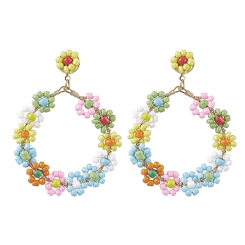 Woven Flower Glass Seed Beads Dangle Earrings, 304 Stainless Steel Stud Earring for Women, Colorful, 66x48mm